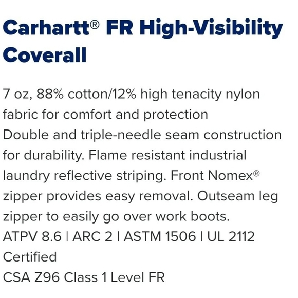 Carhartt FR Flame Resistant Workwear Coveralls Welder Mechanic 391-20 L Blue - Picture 2 of 6